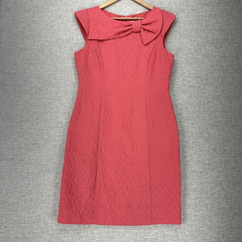 Studio I Dress Womens 10‎ Salmon Pink Textured Bow Sheath Lined Back Zip